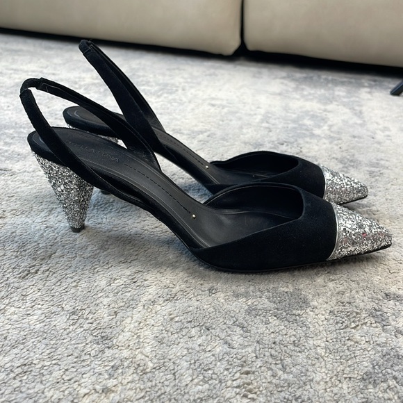 New Stella Luna Silver Glitter Cap Toe Sling Back Heels Black Sz 36 - Picture 6 of 14
